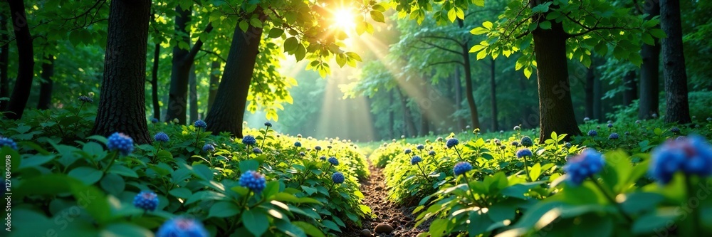 Obraz premium Dappled sunlight filtering through the canopy of a northern highbush blueberry thicket, forest, landscape