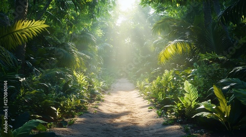 Lush pathway through vibrant tropical rainforest illuminated by soft sunlight