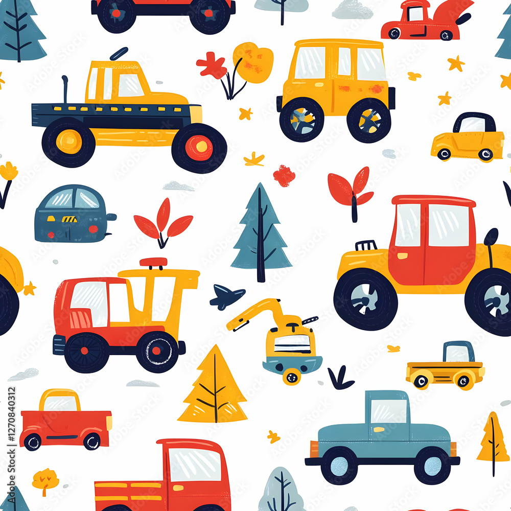 Naklejka premium Colorful pattern featuring various playful vehicles and nature elements.