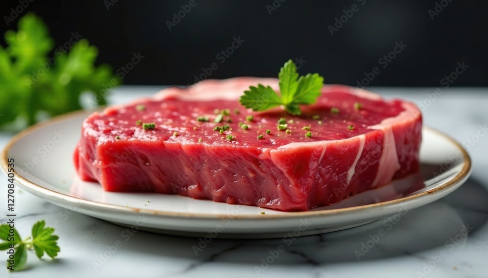 Raw beef ribeye steak placed in a bain-marie on marble, raw, cuisine Raw beef ribeye steak placed in a bain-marie on marble, raw, cuisine