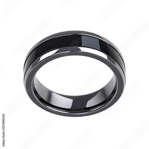 Contemporary Tungsten Carbide Ring with Black Onyx Inlay: Hyper-Realistic 3D Illustration on White Background, Clear Contours, Top-Down View, No Shadows. photo