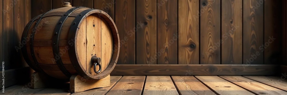 Fototapeta premium Wooden barrel on wooden floor with a small door and lock, homebar, wood