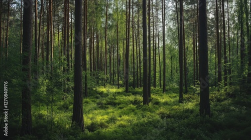 Dense green forest with sunlight filtering through tall trees