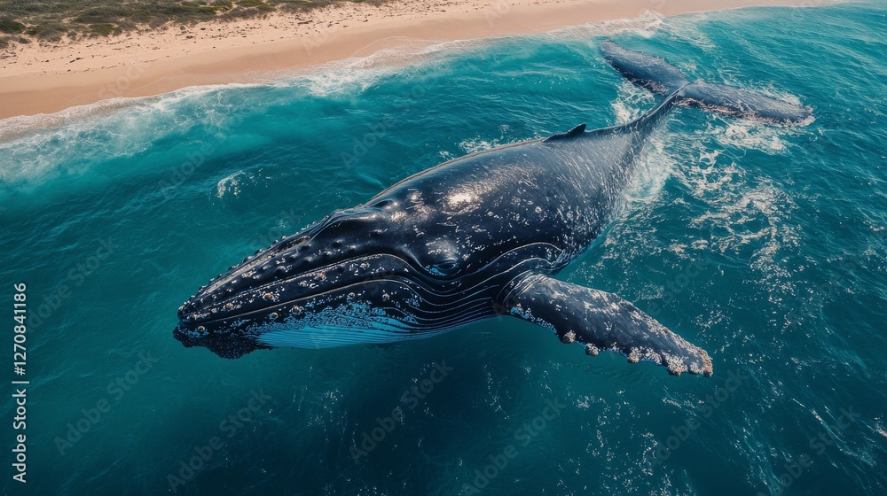 Fototapeta premium Dark-colored whale swimming in clear water near a sandy beach at midday