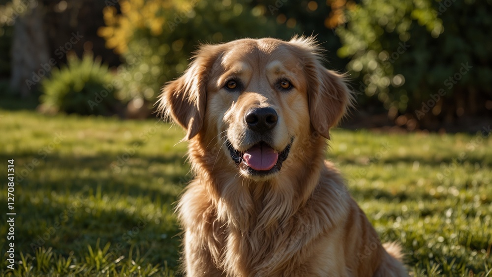 A golden retriever with warm, gentle eyes, sitting in a sunlit garden. A golden retriever with warm, gentle eyes, sitting in a sunlit garden.