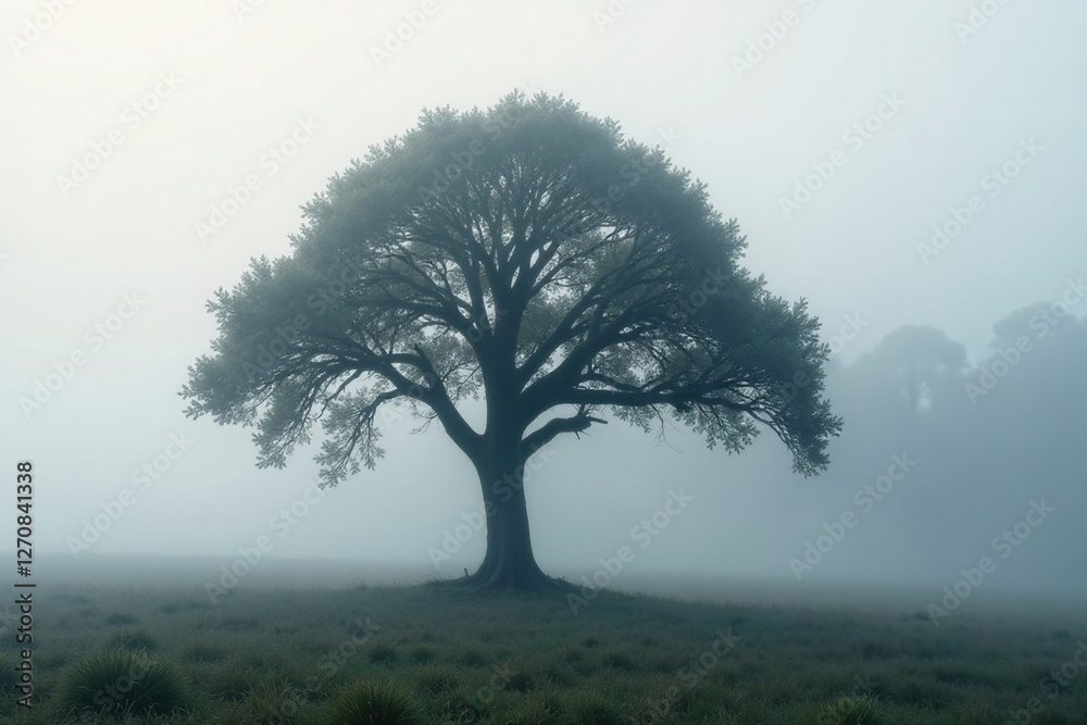 Obraz premium Muted grey mist swirls around a lone tree branch, mist, foliage