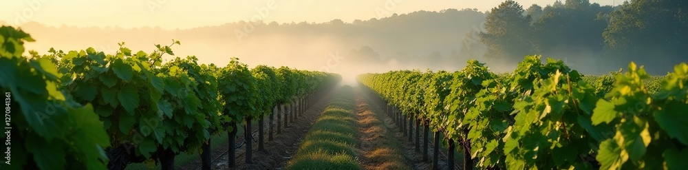 Naklejka premium Rows of vines in the foggy morning light with some grapes still ripe on the vines, fogs, tall trees