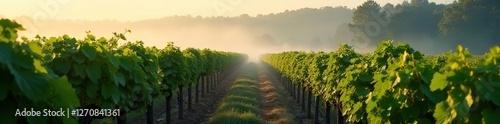 Rows of vines in the foggy morning light with some grapes still ripe on the vines, fogs, tall trees