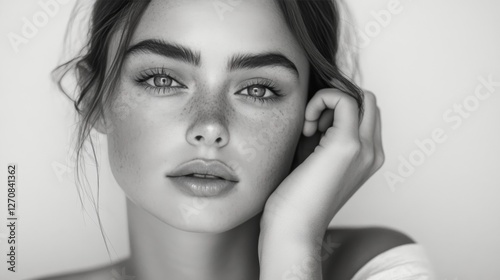 Beautiful woman with wavy hair posing gracefully in soft natural light indoors