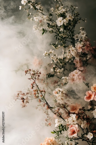 Floral arrangement surrounded by soft fog creating a dreamy atmosphere in a s...