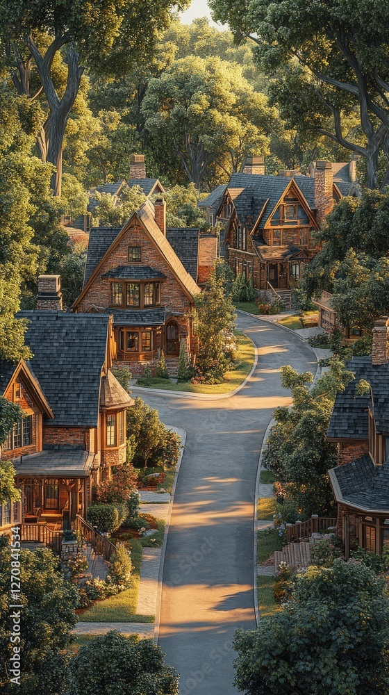 Obraz premium Charming Houses Line a Winding Road in a Lush Green Setting