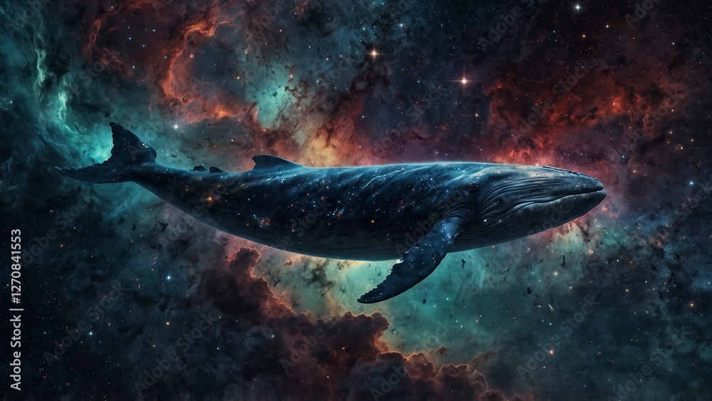 Fototapeta premium A celestial whale swimming through a nebula, its body shimmering with stardust.