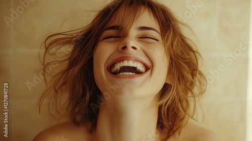 Capturing joy with a radiant smile against a soft background