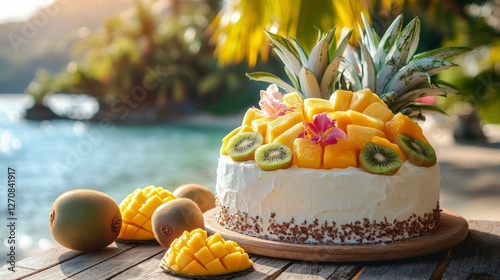 Delicious tropical cheesecake topped with fresh fruit near a beautiful ocean ...