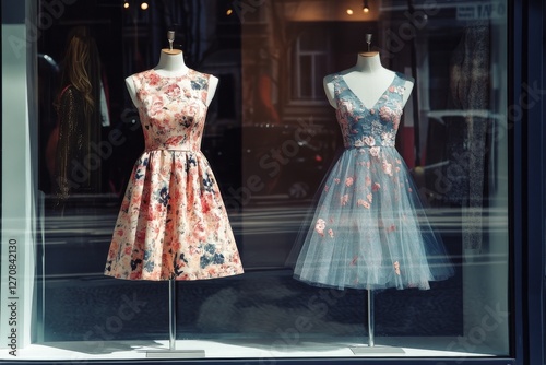 Floral dresses displayed in a boutique window showcasing vibrant colors and e...