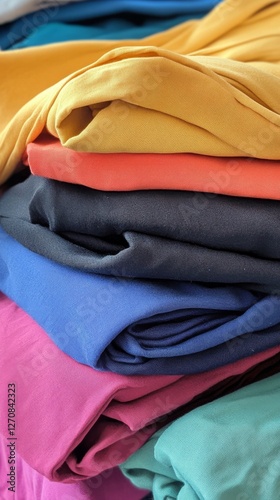 Vibrant stacks of colorful fabrics arranged in a visually appealing display a...