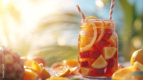 Refreshing summer drink with fruit slices in a jar placed outdoors during sun...