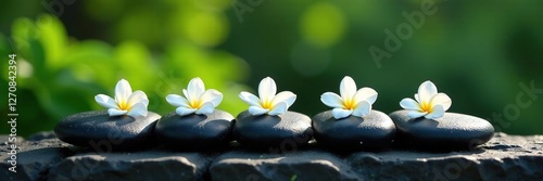 Dark black stone base with five white flowers and leaves, stone, greenery, nature