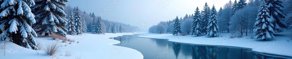 Fototapeta premium Icy forest landscape with snow-covered trees and a frozen river, cold, serene