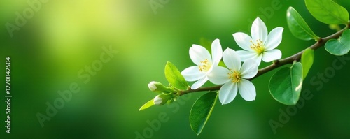 Exquisite white blooms scattered across a lush green branch with pearls, lush, peaceful