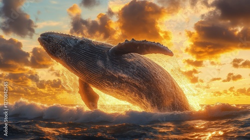 Whale breaches the water at sunset creating a stunning silhouette against the...