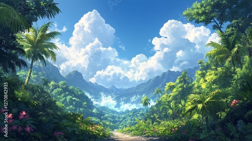Lush tropical valley with vibrant greenery and bright blue sky on a sunny day