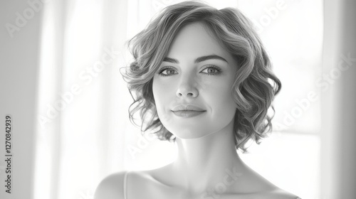 Bright smile of woman at sunset near beach with warm orange glow in background