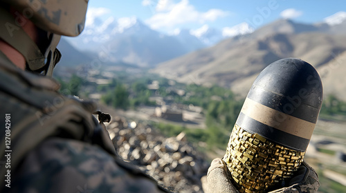 Soldier Loading Grenade In Afghanistan Mountains photo