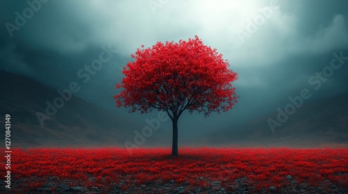 Red Tree Misty Mountain Field