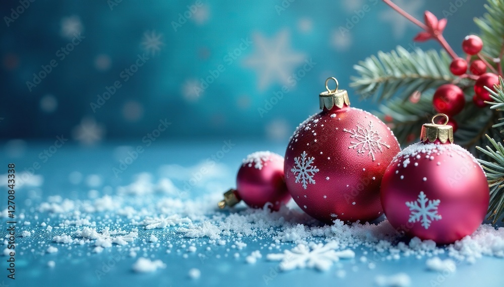 Fototapeta premium Ornaments of festive red and pink hues with snowflakes on a icy blue background, decoration, gift, present
