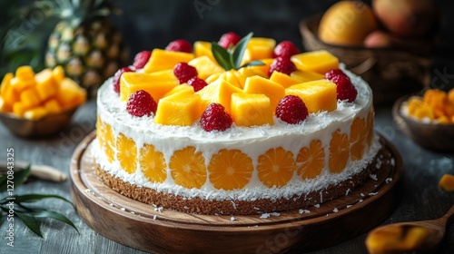 Delicious tropical fruit cake with mango and raspberry decoration on a wooden...