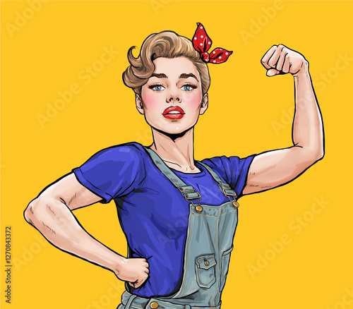 We Can Do It. Girl power advertising poster. Pop art woman showing her biceps in comic style. Social equality and female rights affiche.
