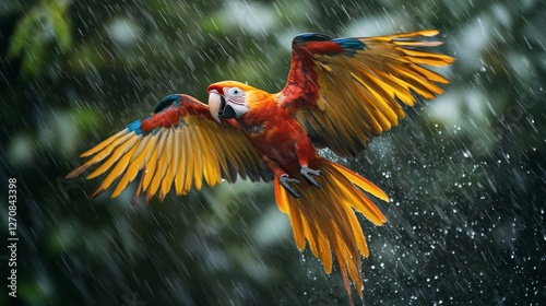 Colorful parakeets in mid-flight during a rain shower in a lush tropical setting
