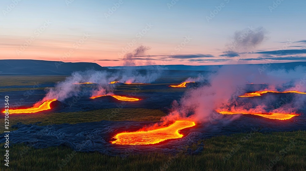 Volcanic landscapes concept. An expansive view of flowing lava on a volcanic landscape at dusk with steam rising. Volcanic landscapes concept. An expansive view of flowing lava on a volcanic landscape at dusk with steam rising.