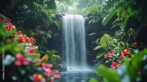 Waterfall cascading over rocks surrounded by vibrant flowers in a serene gard...