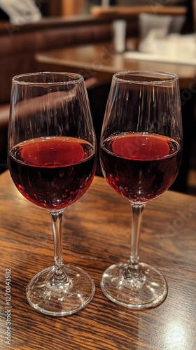 Enjoying two glasses of red wine on a wooden table during a cozy gathering at...