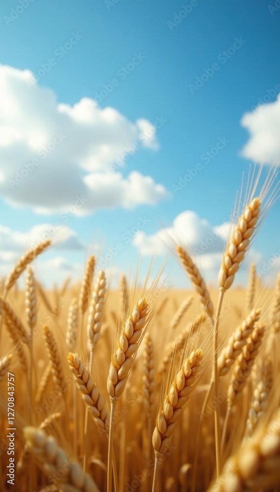 Fototapeta premium Wheat stalks stretching towards the sky with clouds, wheat, clouds