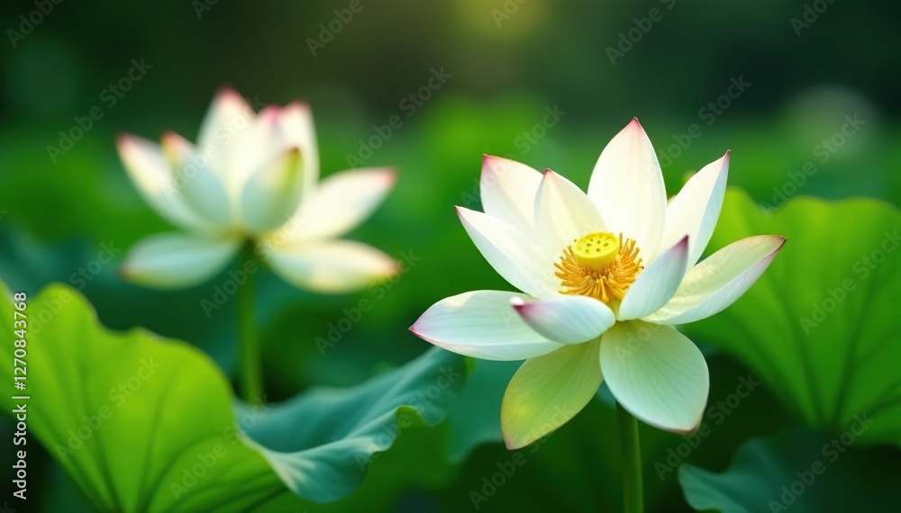 White lotus lily blooms sway gently in the summer breeze, garden, natural White lotus lily blooms sway gently in the summer breeze, garden, natural