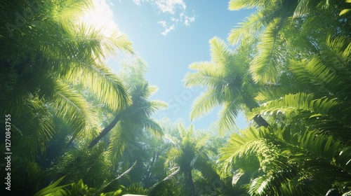 Sunlight breaking through lush palm trees in a tropical forest during midday