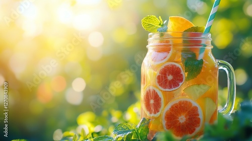 Refreshing summer drink with fruit slices in a jar placed outdoors during sun...