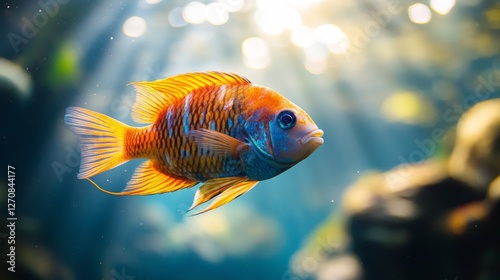 Goldfish swimming peacefully in a sunlit underwater environment filled with s...