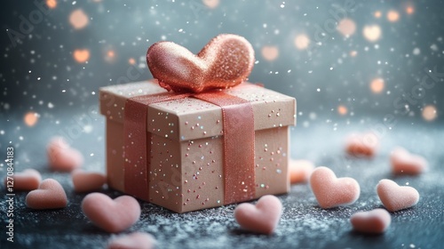 Gift box adorned with hearts and sparkles creates a romantic ambiance for spe...