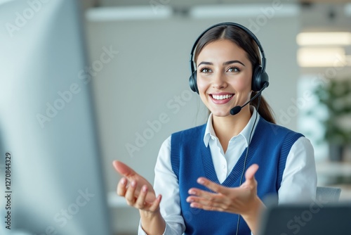 Smiling customer service representative wearing a headset in a professional office environment.