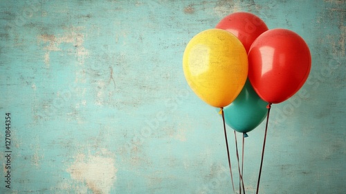 Colorful balloons in vibrant hues floating against a textured blue backdrop