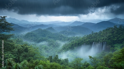 Lush tropical rainforest under rain with distant mountains and a waterfall