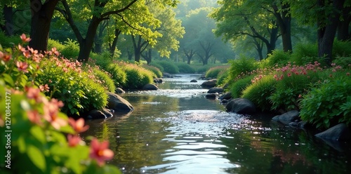 Water features and native plants thrive around the river, river, water features