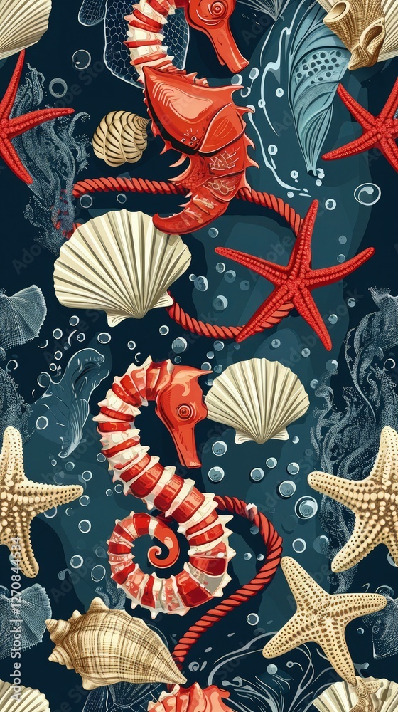 Nautical vector seamless pattern with navy marine rope, red starfish, shells, seahorse. Dotted backdrop. Nautical vector seamless pattern with navy marine rope, red starfish, shells, seahorse. Dotted backdrop.