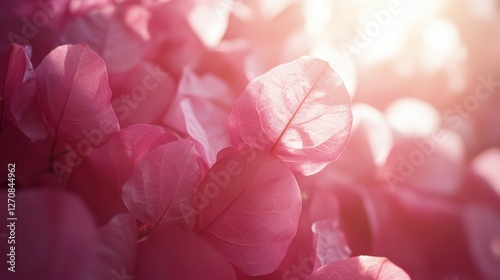 Vibrant pink bougainvillea leaves illuminated by warm sunlight in a lush gard...