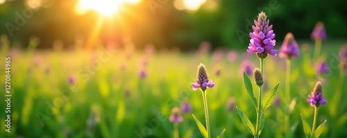 Backlit wild sage blooms in a field of green grass, landscape, sage, nature photo