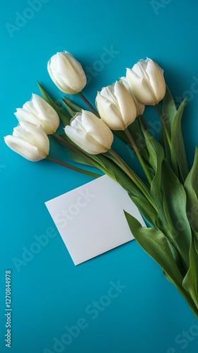 White tulips with blank card on blue background for spring celebration or flo...